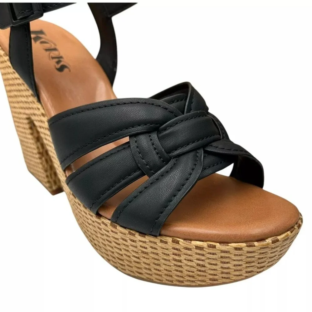 KORKS Dee Womens Wedge Platform Sandal Size 9 Black/Tan Faux-leather Block Heel